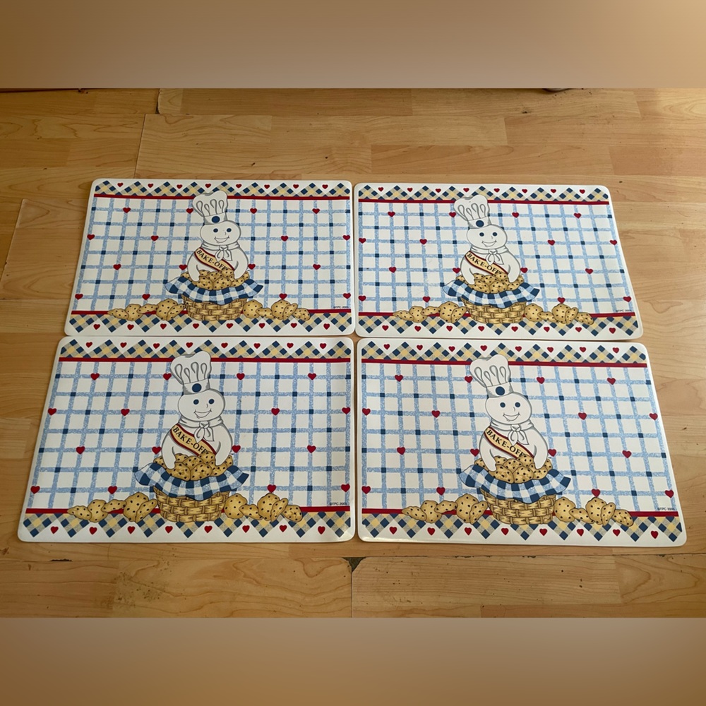 VTG 4 PILLSBURY plaid Blue Bake-off Vicky Placemats Red White Cookies Hearts